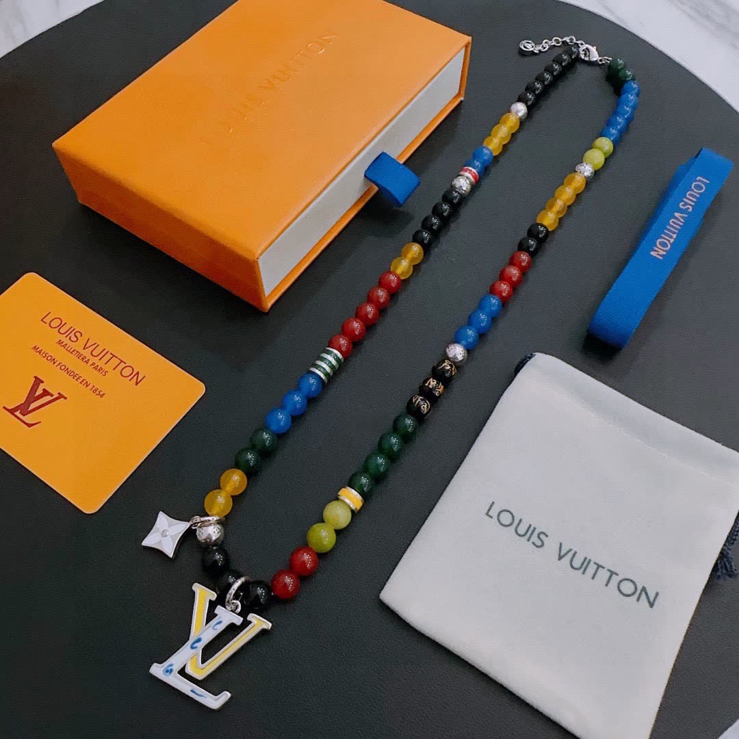 Louis Vuitton Beaded Necklace with Logo Pendant